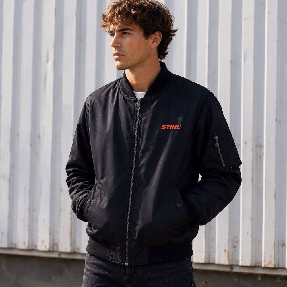 STIHL Bomber Jacket Mens XXL Black Embroidered Logo Full Zip Flight Coat Bomber